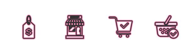 Setzen Sie Linie Preisschild mit Dollar, Warenkorb-Häkchen, Market Store und Warenkorb-Symbol. Vektor - Vektor, Bild