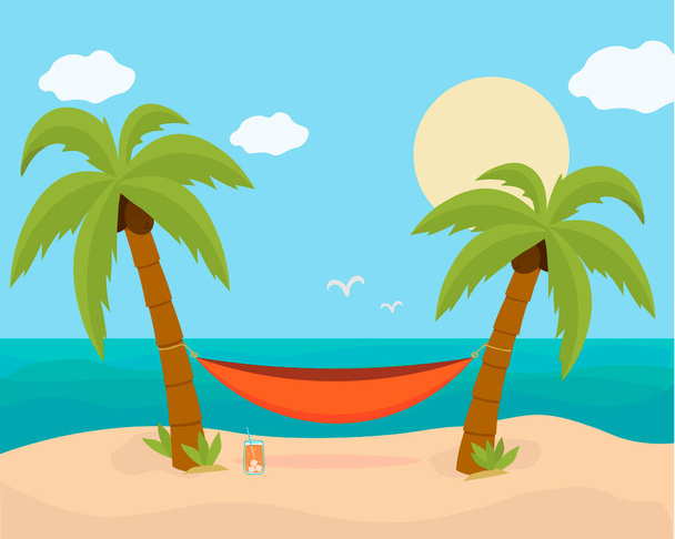 Хаммок з пальмами на пляжі. Тропічний фон з морем. Векторний плоский дизайн
. - Вектор, зображення