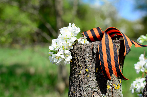 5月9日、祝日勝利の日の背景。ジョージリボン、木製の背景に春の花、勝利の日1945の伝統的なシンボル。コピースペース付きグリーティングカードデザイン. - 写真・画像