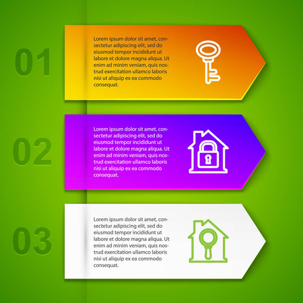 Set line House key, under protection, Search house and Garage. Business infographic template. Vector - Vektör, Görsel