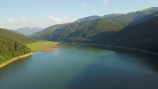 Luchtfoto van groot meer met helder blauw water tussen hoge bergen bedekt met dichte groenblijvende bossen. - Video