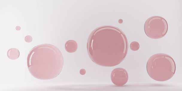 Grupo de esferas levitar. Esferas voadoras no espaço vazio, bolhas abstratas. Bolas especulares cor-de-rosa sobre fundo rosa. Renderização 3D - Foto, Imagem
