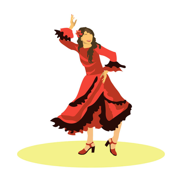 Темноволосая девушка страстно танцует испанский танец фламенко в ярко-красном платье с черными воротниками, поднимая руку. - Вектор,изображение