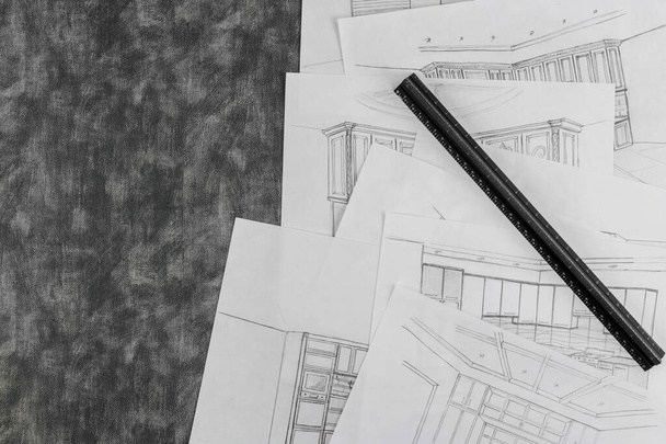 Interior Designer Skizze einer Küche in einem Prozess der Zeichnung Innenarchitektur-Projekte - Foto, Bild