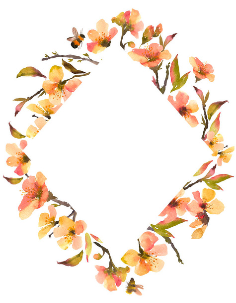 Akvarell tavaszi virágok keret, virágzó fák ágak. Természetes botanikus virágillusztráció elszigetelt fehér alapon. - Fotó, kép