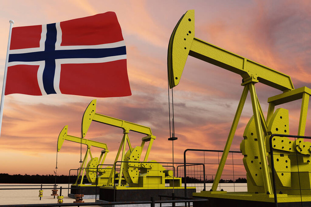 Ładne wydobycie oleju pompowego i zachmurzone niebo o zachodzie słońca z flagą Norwegii. - Zdjęcie, obraz
