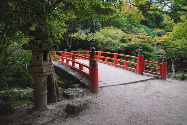 Типичный японский мост, окруженный осенними кленовыми деревьями в парке на горе Мисен в Миядзиме, Хиросима, Япония - Фото, изображение