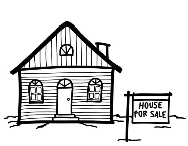 広告看板「販売のための家」と小さな木造住宅のプロパティ。不動産、住宅所有権投資ビジネスの概念。コピースペース付きイラスト描画. - 写真・画像
