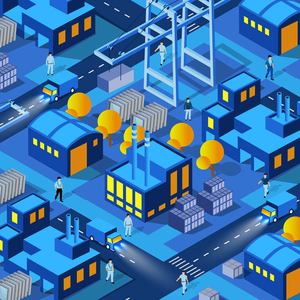 夜の工場工場産業都市の背景3D未来 - ベクター画像
