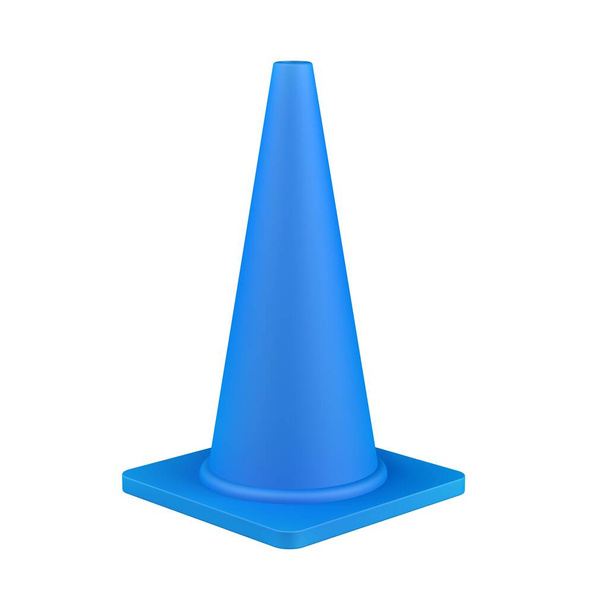 Cono di traffico blu isolato su sfondo bianco. Marcatori a forma di cono. Illustrazione 3d. - Foto, immagini