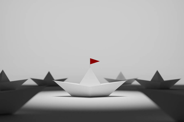 Concept de leadership. Navire en papier avec drapeau rouge au centre entre blanc sur fond blanc. Illustration 3d - Photo, image