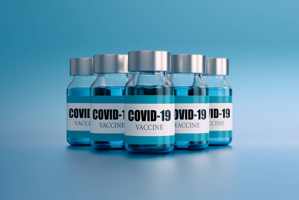 Ampułki Coronavirus lub Covid-19 Vaccine, na jasnoniebieskim tle. Szczepionka i opieka zdrowotna Koncepcja medyczna. Ilustracja 3D renderowania - Zdjęcie, obraz