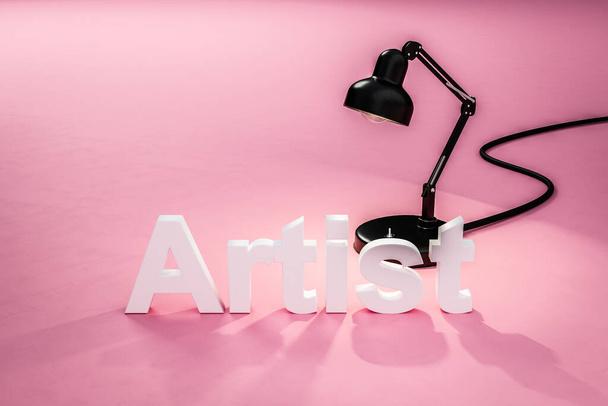 industry style desk lamp on pink colored surface with lettering artist; concept 3D online tutorial; 3D Illustration - Foto, Bild