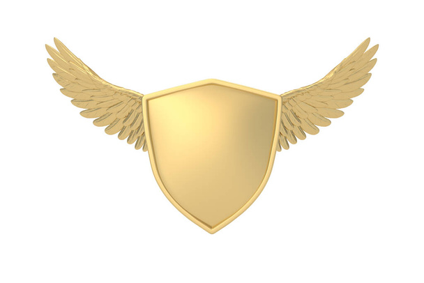 Gold wings with shield isolated on white background. 3D illustration. - 写真・画像