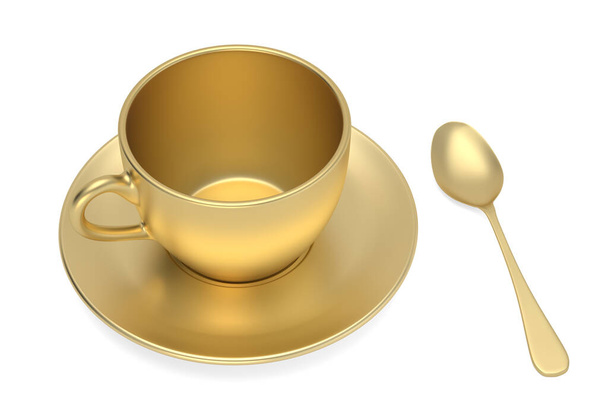 Golden coffee cup on white background. 3D rendering. 3D illustration. - Фото, изображение