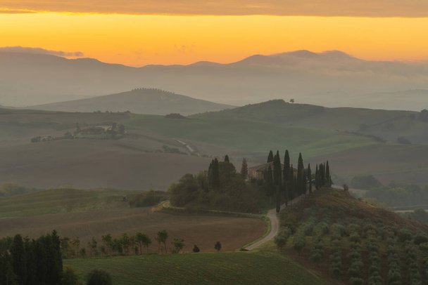 Panorama escénico del paisaje toscano con colinas y campos de cosecha en la luz dorada de la mañana, Val dOrcia, Italia. - Foto, imagen
