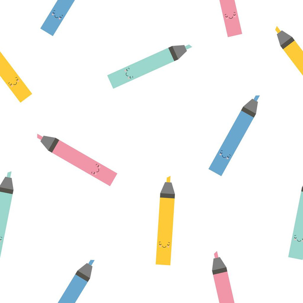 Multi-colorido lindos marcadores de dibujos animados resaltadores patrón de muestra. Fondo brillante sin fin. Bueno para la escuela y los negocios. Ilustración Kawaii - Vector, imagen