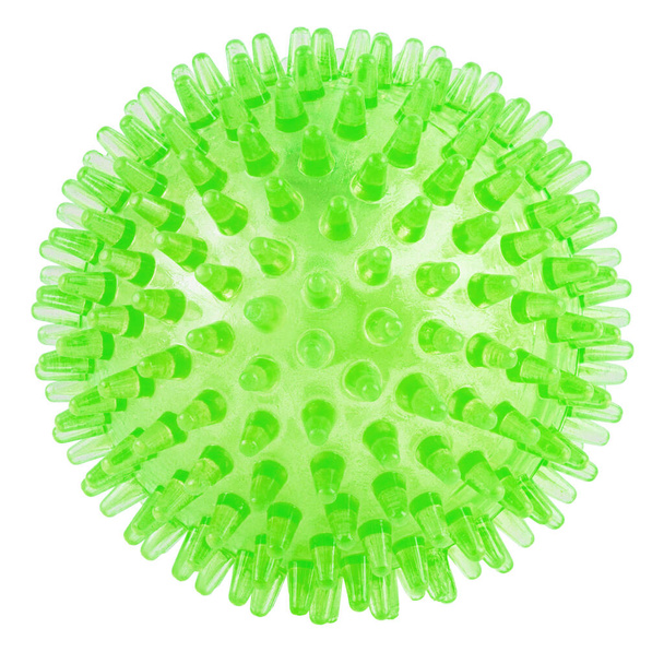 白い背景に隔離された透明な緑色のスパイクプラスチックボール-マッサージャー、犬のおもちゃ、 COVID-19シンボル - 写真・画像