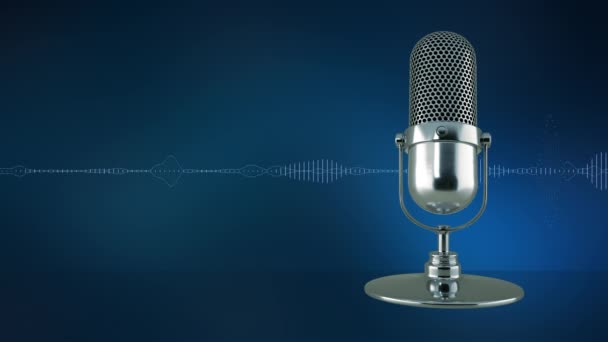 Mavi arka planda mikrofon ve ses dalgası. Mikrofon, Podcast, canlı yayın konsepti. - Video, Çekim