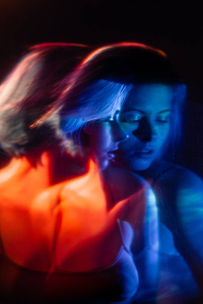 female hope art silhouette woman in blue red light - Zdjęcie, obraz