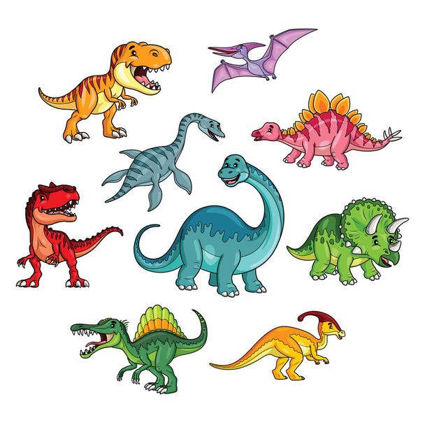 Şirin dinozorların koleksiyon setinin çizimi. - Vektör, Görsel