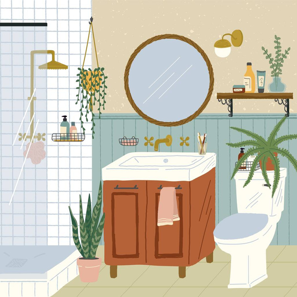 Interior do banheiro com chuveiro, vaso sanitário e lavatório. Ilustração vetorial desenhada à mão em estilo escandinavo acolhedor. Home design de interiores - Vetor, Imagem