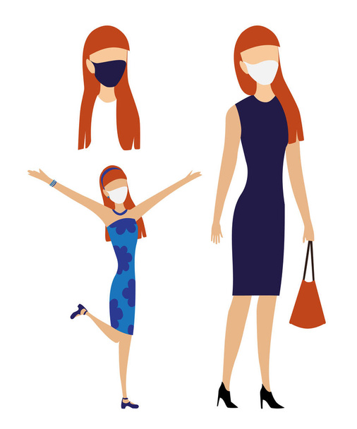 Nainen mekko laukku ja yllään kasvonaamio. Punapää tyttö muotokuva tai avatarit ja kaksi eri kehon asentoja. Tasainen käsite estää virus COVID-19. Jpeg - Valokuva, kuva
