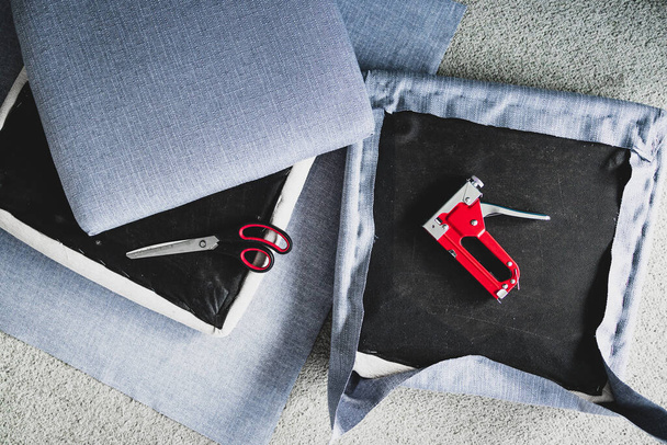 reupholstery process to renovate chair cushions with cool grey linen, diy and furniture flipping - 写真・画像