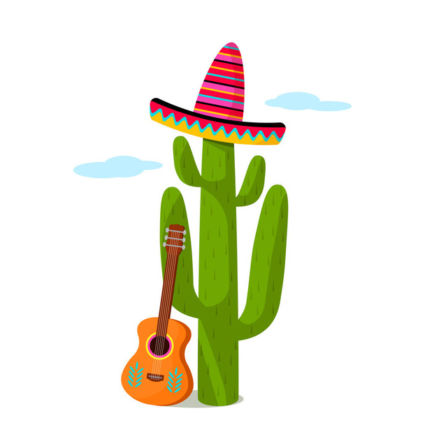 Mexican cactus in a traditional sombrero with a guitar. flat vector illustration isolate on white background - Vetor, Imagem