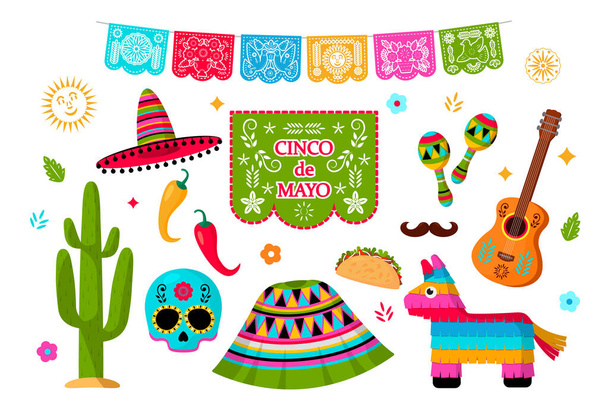 Ünnepi Cinco de Mayo Mexikóban, ikonok beállítva, design elem.Gyűjteménye ikonok a Cinco de Mayo parádé pinata, élelmiszer, sambrero, kaktusz, zászló, koponya, gitár. Vektorillusztrációs készlet - Vektor, kép
