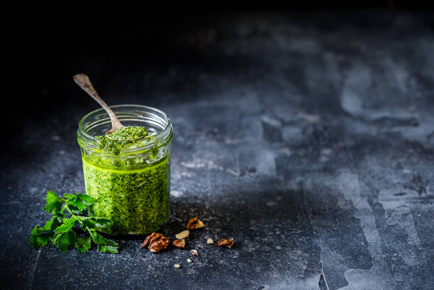 Fresh Parsley and Walnut Pesto Sauce, copy space for your text - Foto, Bild