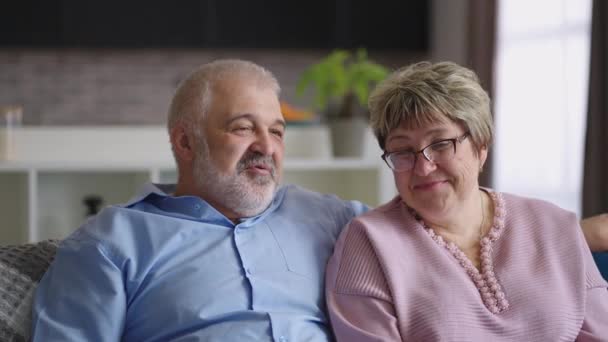 šťastná babička a děda sedí na gauči v bytě a vesele mluví, důchodci odpočívají doma o víkendu - Záběry, video