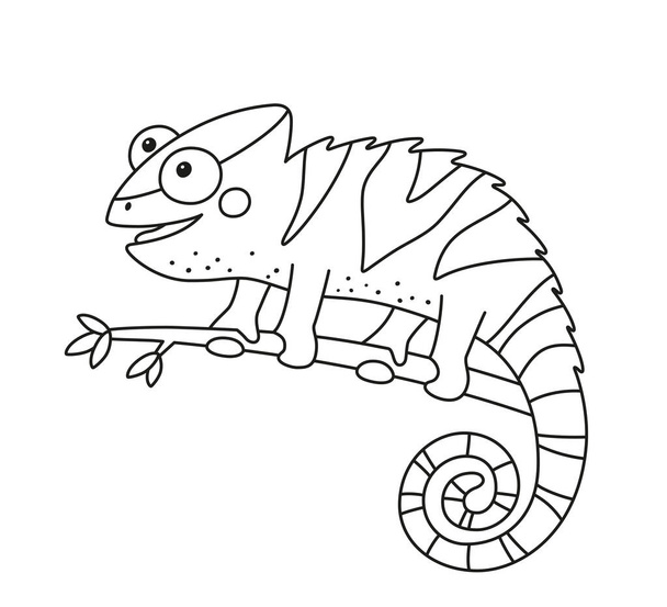 Personagem de lagarto camaleão engraçado para livro de colorir criança. Réptil com cauda curva sentado no ramo da árvore da selva. Ilustração vetorial isolada sobre fundo branco - Vetor, Imagem