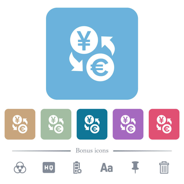 Єн Євро обмінюються білими плоскими іконами на округленому квадратному фоні. 6 бонусних ікон. - Вектор, зображення