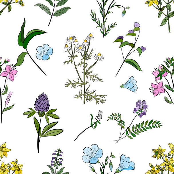 Hand drawn seamless pattern with wildflowers. Sketch of summer flowers, herbs and leaves. Collection of meadow plants.  - ベクター画像