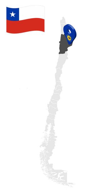 Umístění regionu Antofagasta na mapě Chile. 3D značka lokality podobná vlajce Antofagasty. Kvalitní mapa s provinciemi Chile pro váš design. EPS10 - Vektor, obrázek