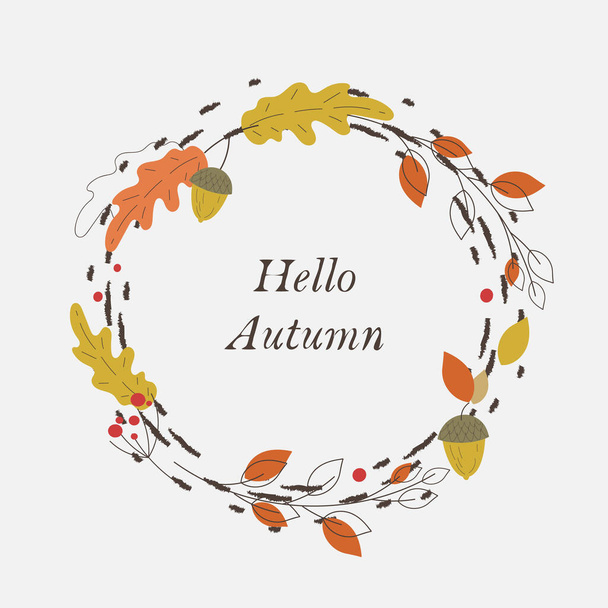 秋の葉丸みを帯びたフレーム、手描きのオークの葉の円、アコン、枝、ベリー、フラット細い線のデザイン、色の編集可能な花輪の背景 - ベクター画像