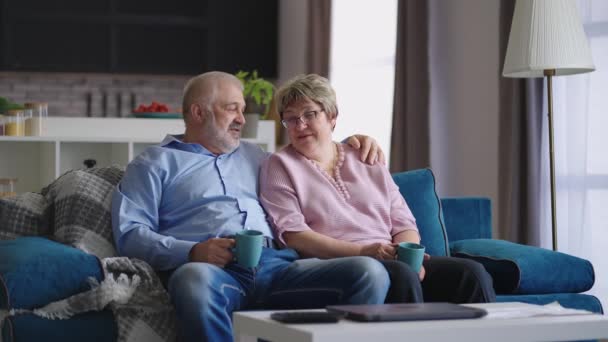 milující dvojice důchodců odpočívá doma, šťastný muž a žena sedí na gauči v obývacím pokoji a popíjejí čaj, vesele si povídají - Záběry, video