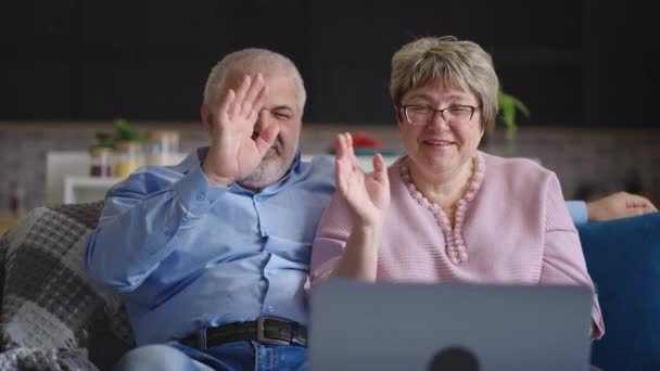 šťastný dědeček a babička komunikují prostřednictvím on-line video chatu s přáteli nebo dětmi, důchodci jsou mávání rukou na web kamera notebooku - Záběry, video