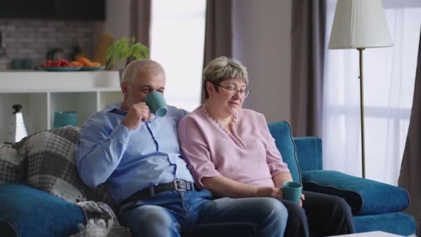 Sakin evli bir çift emekli hafta sonu evde dinleniyor, gri saçlı adam ve tatlı kadın oturma odasında kanepede oturuyor. - Video, Çekim