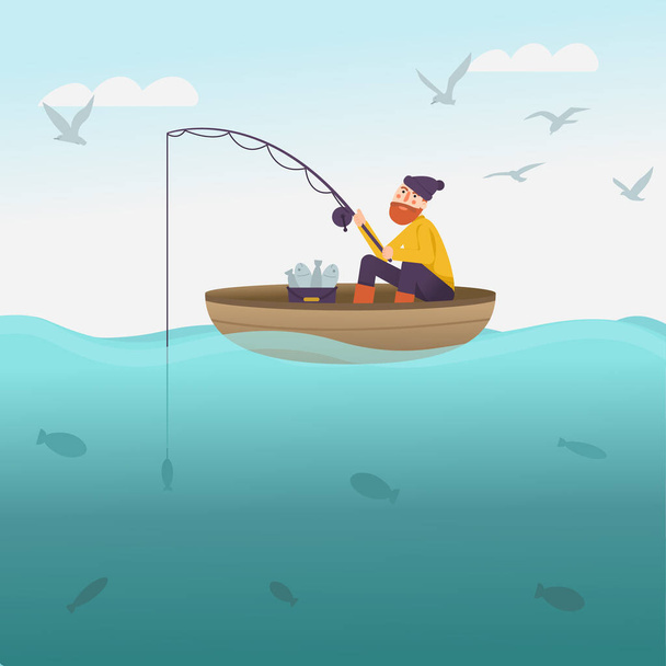 Fisherman with fishing rod on the boat. Sea scenery with fisher catching fish for kids book. A man with beard enjoying leisure time in nature. Colorful flat vector cartoon illustration. - Vector, Image