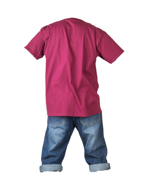 denim dark blue shorts and burgundy t-shirt  isolated on white background. men's jeans orders   - Fotografie, Obrázek