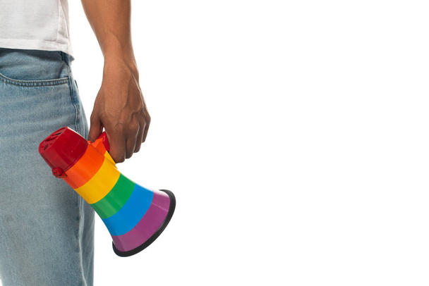 partial view of african american man holding rainbow colors loudspeaker isolated on white, lgbt concept - Foto, immagini