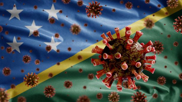 3D schwebt Grippe-Coronavirus über Salomon Islander Flagge, ein Erreger, der die Atemwege angreift. Salomon-Islander-Banner mit Pandemie des Covid-19-Virus-Infektionskonzepts - Foto, Bild