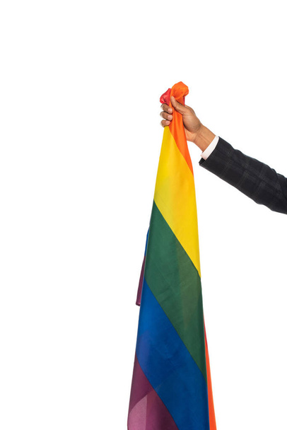 cropped view of african american man holding lgbt flag isolated on white - Foto, Imagem