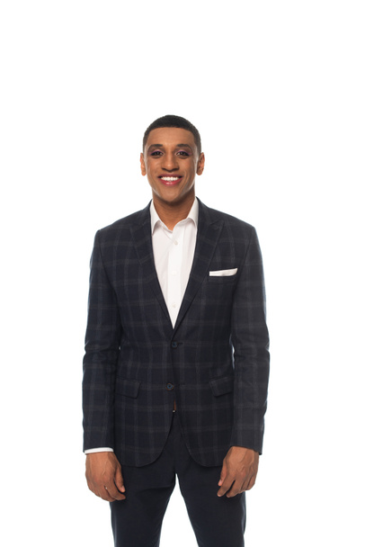 happy african american businessman with makeup smiling at camera isolated on white - Photo, Image