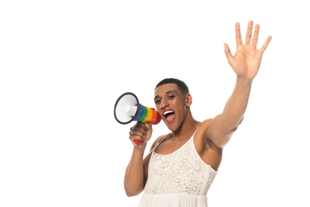 african american transgender man waving hand while screaming in megaphone isolated on white - Foto, imagen