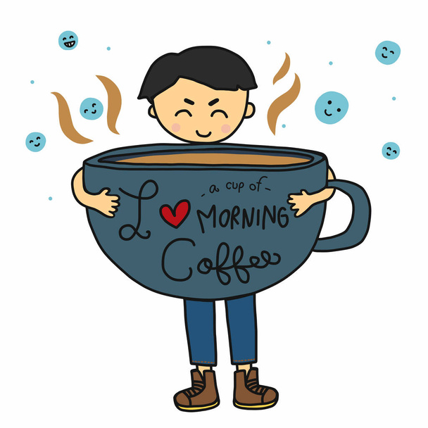 chłopiec z kreskówki z dużą filiżanką, Uwielbiam rano napisy kawy - Wektor, obraz