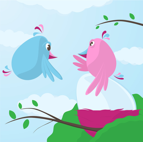 Cute cartoon birds caring for a large egg - Vector, Image