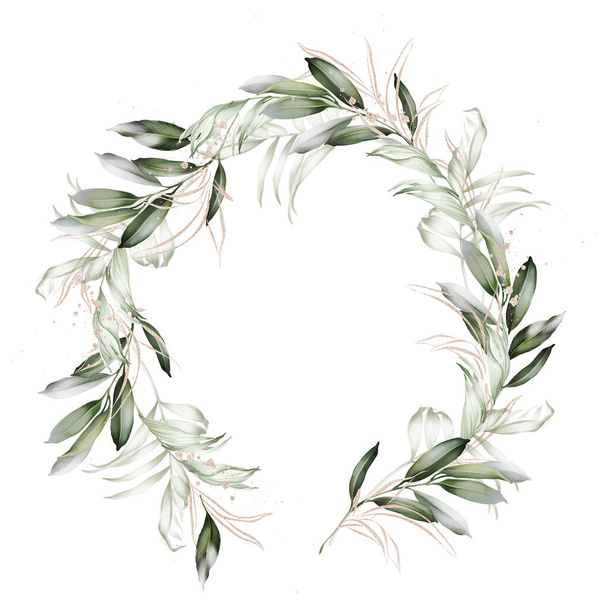 Wreath with golden and green branches on a white background - Foto, afbeelding